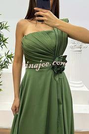 Nasha Satin Pleated One Shoulder Petal Gemstone Detail Pocket Slit Maxi Dress