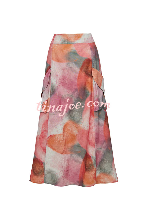 Laylin Wide Sleeve Shirt and Watercolor Print High Waist Drape Pocket Maxi Skirt Set