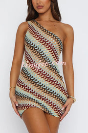 Playful Colorful Knitted Slim-fitting Offset Neck Stretch Mini Dress