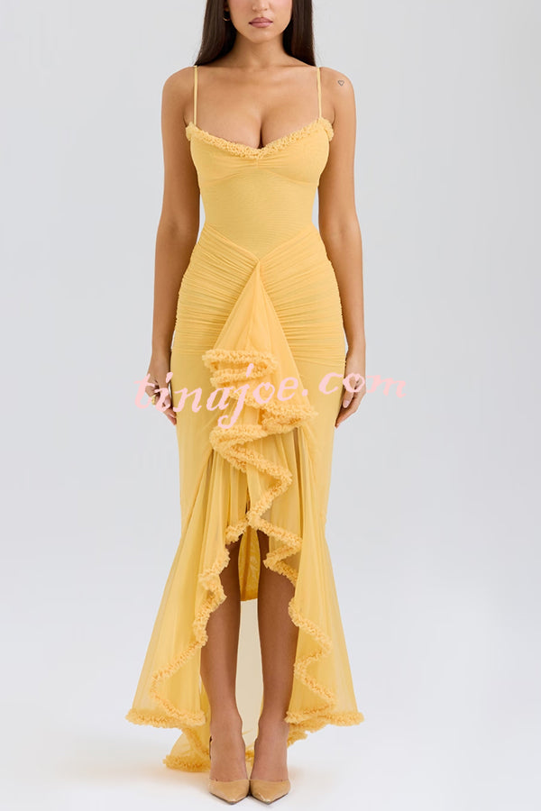 Retro Romantic Style Mesh Ruffle Trim Ruched Slit High Low Maxi Dress