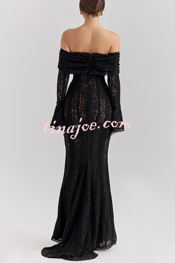 Outline The Curve Floral Lace Off Shoulder Bell Sleeve Stretch Maxi Dress