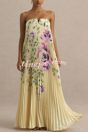 For Every Occasion Satin Pleated Floral Print V-wire Bandeau Neck Maxi Dress