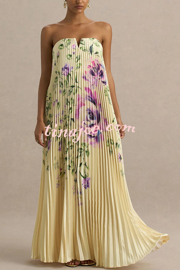 For Every Occasion Satin Pleated Floral Print V-wire Bandeau Neck Maxi Dress