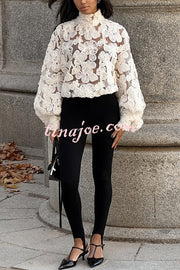 Fashionable Embroidered Flower Loose Puff Sleeve Hollow Top