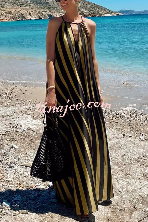 Striped Print V-Neck Loose Beach Vacation Maxi Dress