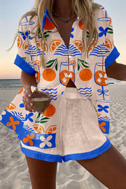 Orange Drink Print Loose Button Elastic Waist Shorts Set