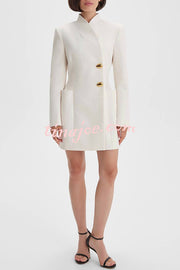 Kayleen Stand V-neck Decorative Metal Button Long Sleeve Pocket Blazer Mini Dress