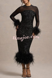 Glamor and Drama Mesh Sequin Patchwork Feather Trim Stretch Midi Dress