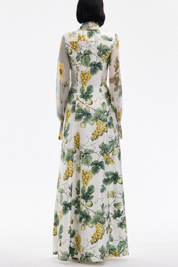 Floral Print Tie Neck Balloon Sleeves Elegant Maxi Dress