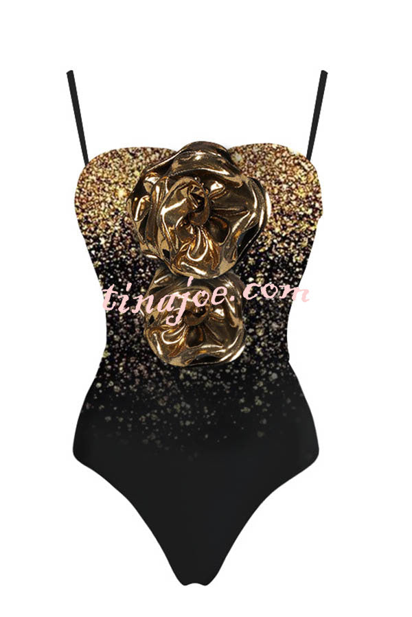 Ombre Sequin Print Metallic Fabric Flower Embellished Stretch One-piece Swimsuit