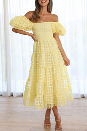 Dare To Dance Square Pattern Fabric Smocked Puff Sleeve Midi Dress