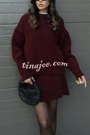 Solid Color Casual Preppy Knit Top and Knit Stretch Mini Skirt Set