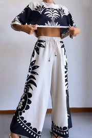 Exotic Holiday Ethnic Print Loose Top and Elastic Waist Wide Leg Pants Set