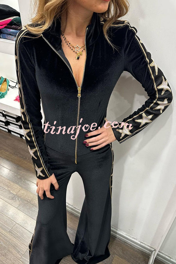 Star-print Velvet Patchwork Zipped Wide-leg Jumpsuit