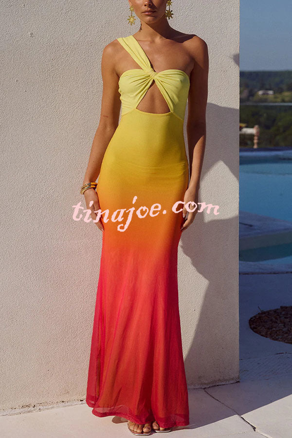 Dreamy Sunset Mesh Ombre Print One Shoulder Cutout Stretch Maxi Dress