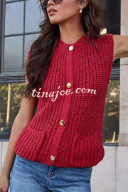 Solid Color Sleeveless Button Pocket Knit Vest