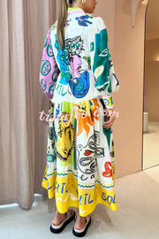 Boldness and Art Unique Print Balloon Sleeve Patchwork Shirt Midi Dress