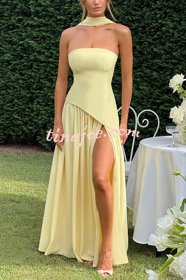 Elegant Off Shopulder Chiffon Pleated Hem Scarf Slit Maxi Dress