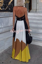 Fashion Colorblock Sexy Backless Tie Waist Full Hem Maxi Dress