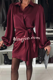 Solid Satin Long Sleeve Tie Waist Irregular Mini Dress