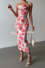 Floral Print Sexy Halter Back Slim Fit Lace Up Midi Dress
