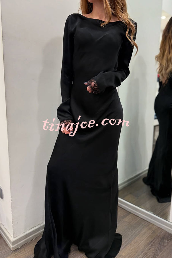 Mystic Moment Satin Lace Trim Long Sleeve Backless Maxi Dress