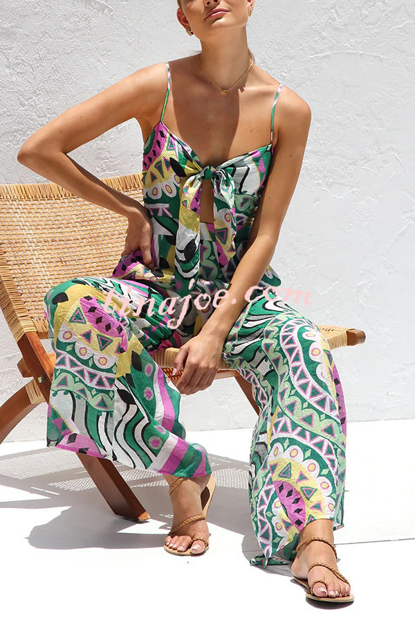 Unique Printed Suspender Back Pleated Pocket Wide-leg Jumpsuit