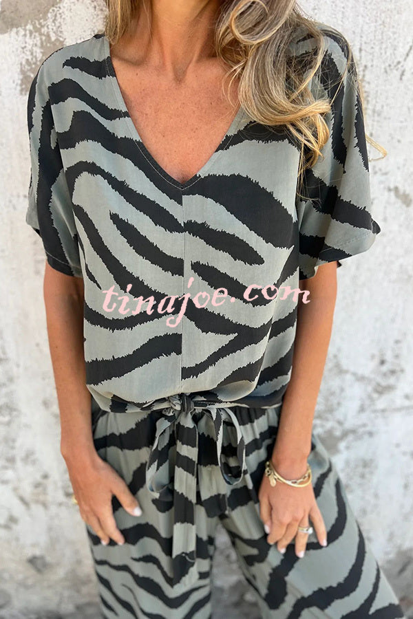 Zebra Print V-neck Short-sleeved Lace-up Top and Elastic Waist Pocket Straight-leg Pants Set