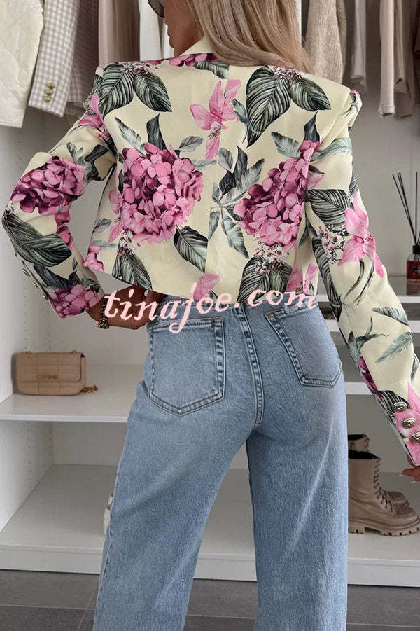 Picture Perfect Botanical Floral Print Long Sleeve Lapel Crop Blazer