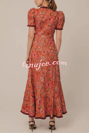 Bohemian Floral Print Elegant Puff Sleeve Holiday Maxi Dress