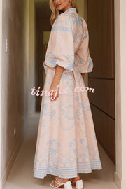 Linen Blend Lapel Puff Sleeve Casual Waist Belted Maxi Dress