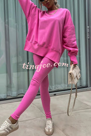 Solid Color Loose Long Sleeve SlitSweatshirt and Elastic Waist Tight Pants Set