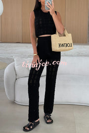 Solid Color Hollow Sleeveless Round Neck Knitted Vest and Stretch Casual Straight Pants Set