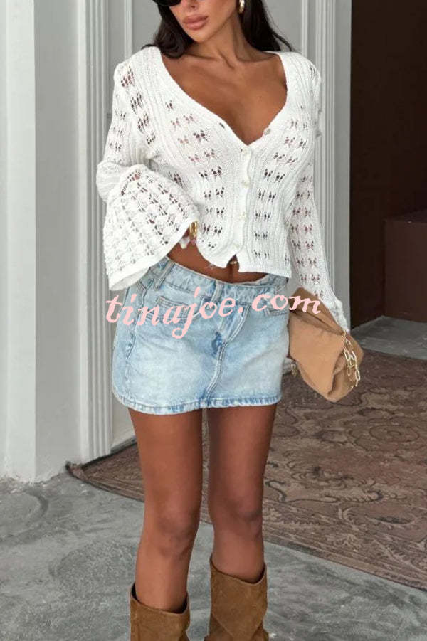 Fashion Hollow Button Long Sleeve V-neck Knitted Cardigan