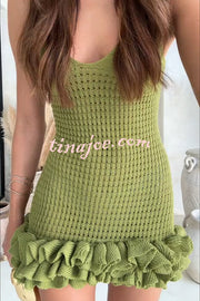 Bali Cutie Knit Layered Ruffle Pleats Hem Tank Stretch Mini Dress