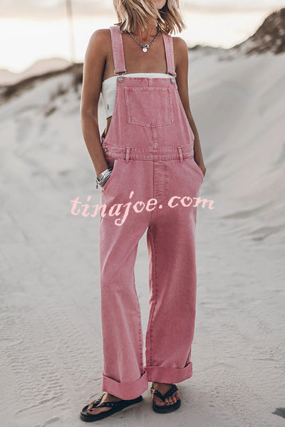 Moneh Denim Adjustable Straps Kangaroo Pocket Wide Leg Jumpsuit