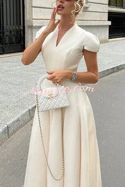 Solid Color V-neck Waist Elegant Full Hem Maxi Dress