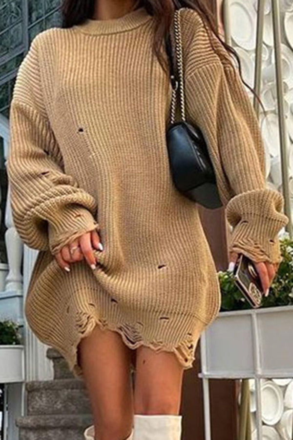 Solid Color Loose Ripped Knitted Mid-length Sweater