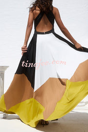 Fashion Colorblock Sexy Backless Tie Waist Full Hem Maxi Dress