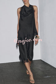 Dolly Satin Lace Trim Halter Cowl Neck Asymmetric Hem Tank