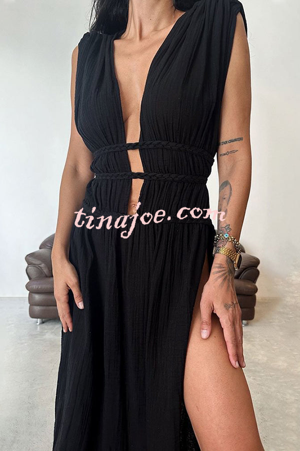 Boho with Elegance Linen Blend Braids Belt Cutout Slit Kaftan Maxi Dress