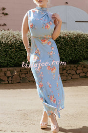 Anabelle Satin Lace Detail Floral Print High Cowl Neck Maxi Dress