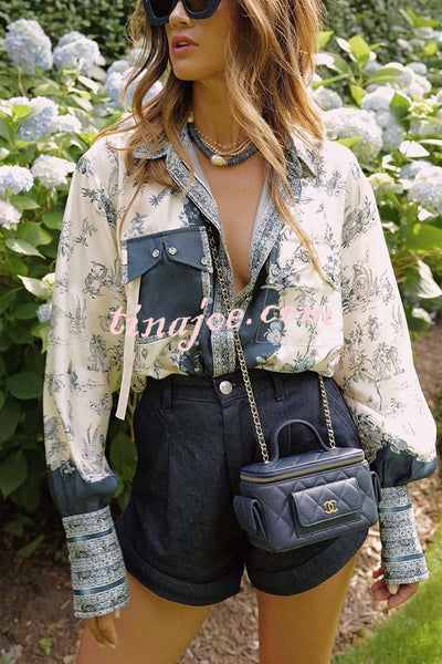 Bohemian Elegant Satin Contrast Color Unique Print Button Up Pocket Loose Blouse