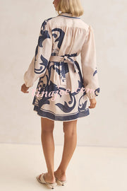 Botanical Print Lapel Puff Sleeve Vintage Belt Loose Mini Dress