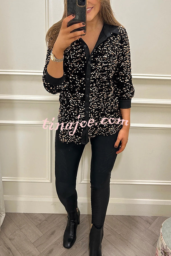 Fashion Velvet Sequined Loose Casual Long-sleeved Shirt