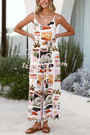 Unique Beach Vacation Print V-neck Suspenders Casual Wide-leg Jumpsuit