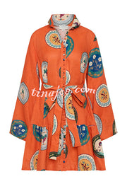 Linen Blend Unique Print Tie Waist Loose Mini Dress
