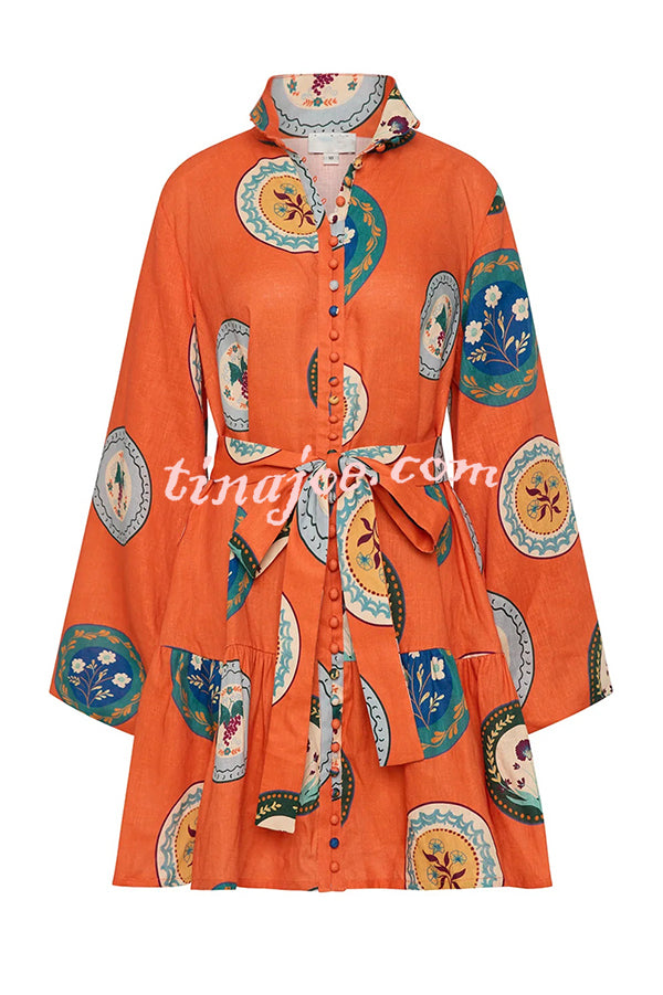 Linen Blend Unique Print Tie Waist Loose Mini Dress