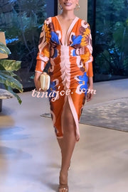 Bahamas Unique Print Dolman Long Sleeve Ruched Slit Midi Dress