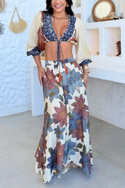 Unique Printed V-Neck Tie Cropped Top and Elastic Waist Casual Maxi Skirt Set